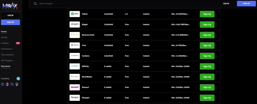 Mirax Casino per Ripple